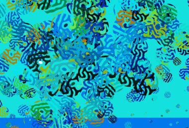 Açık mavi, Memphis şekilli yeşil vektör arkaplan. Renkli rastgele şekillerle modern soyut illüstrasyon. İşiniz için en iyi akıllı tasarım.