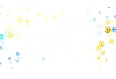 Açık mavi, baloncuklu sarı vektör arkaplan. Parlak renkli soyut çemberlerin olduğu bir resim. İş ilanınız için tasarım.