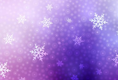 Açık Mor, Xmas tarzında pembe vektör arkaplan. Gradyan Noel topları, kar taneleri. Kitapçıklar, eğitim broşürleri.