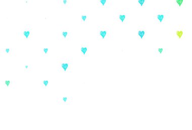 Açık mavi, kalpli yeşil vektör arkaplan. Renkli arkaplanda güzel soyut kalpler. Yıldönümü için bir iş ilanı tasarlamak.