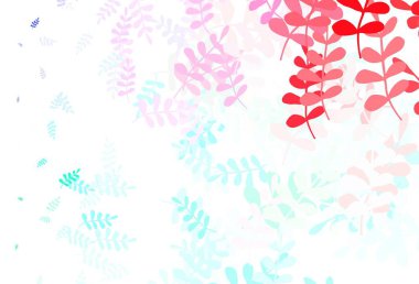 Açık yeşil, kırmızı vektör yapraklı arkaplan. Yaprakları karalama tarzında renkli ve soyut çizimler. Duvar kağıdı tasarımınız için yeni bir doku.