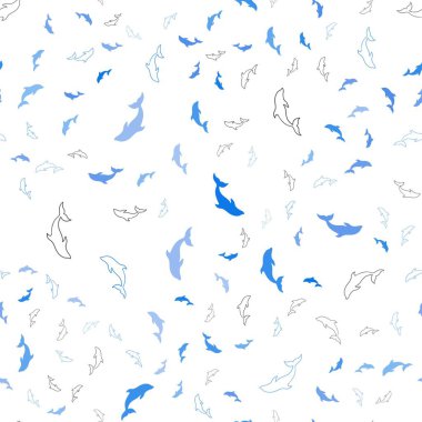 Açık mavi, sarı vektörlü, okyanus yunuslarıyla kusursuz bir zemin. Deniz yunuslarının doğal çizimi. Hayvanların web siteleri için desen.