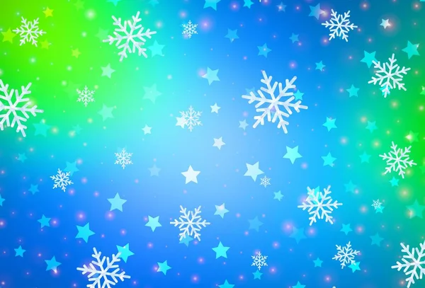 ライトブルー 明るい雪片 星と緑のベクトルレイアウト グラデーション状の結晶氷の形をした抽象的なイラストをキラキラ 新年の広告 小冊子のデザイン — ストックベクタ