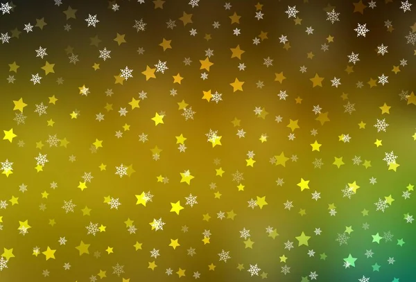 Verde Oscuro Textura Vectorial Amarilla Con Copos Nieve Colores Estrellas — Vector de stock