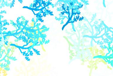 Açık mavi, sarı vektör, dallı doğal zemin. Yaprakları ve dalları olan zarif, parlak bir illüstrasyon. Cep telefonlarının geçmişleri için şablon.