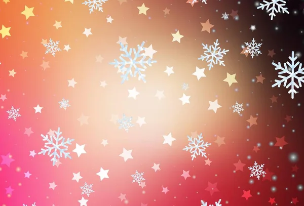 Rojo Claro Fondo Vector Amarillo Con Copos Nieve Navidad Estrellas — Vector de stock