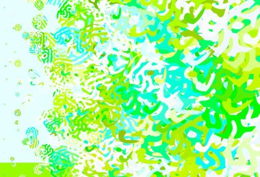 Açık mavi, Memphis şekilli yeşil vektör arkaplan. Modern tarzda değişen renkli kaotik formlar. Bir cep telefonu için arka plan.