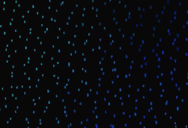 Para birimi ile koyu mavi vektör şablonu. Para birimi işaretli parlak renkli çizimler. Döviz piyasaları, banka kredileri için şablon.