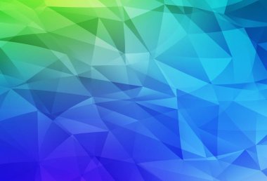 Açık mavi, yeşil vektör parlayan üçgen düzen. Üçgenlerden oluşan parlayan çokgen çizimler. Pankartın için tamamen yeni bir şablon.