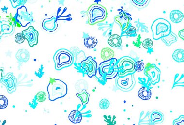 Açık mavi, Memphis şekilli yeşil vektör arkaplan. Rastgele şekillerle soyut tarzda dekoratif tasarım. Bir cep telefonu için arka plan.