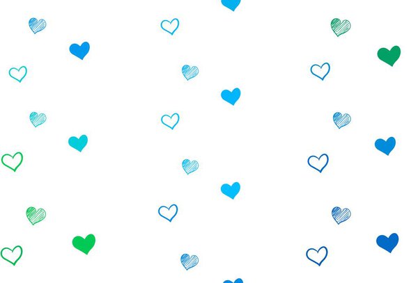 Светло-голубая, зеленая векторная текстура с прекрасными сердцами. Декоративная сияющая иллюстрация с сердцами на абстрактном шаблоне. Шаблон для поздравительных открыток.