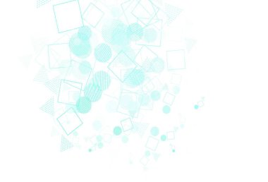 Açık yeşil vektör düzeni daireler, çizgiler, dikdörtgenler. Renkli daireler, üçgenler, kareler çizilmiş bir resim. Web siteleri için desen.