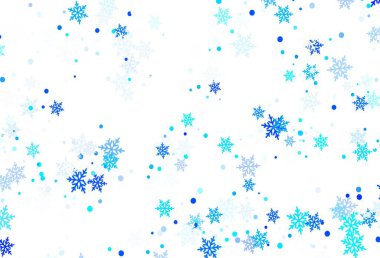 Renkli kar taneleriyle açık mavi vektör dokusu. Kar taneleriyle modern geometrik soyut çizim. Yeni yıl ilanı, broşürler için desen.