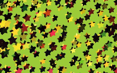 Koyu yeşil, kırmızı vektör arkaplan ve renkli yıldızlar. Soyut şablondaki yıldızlarla dekoratif parlak illüstrasyon. Kozmik arkaplanlar için şablon.