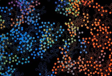 Karanlık çokrenkli vektör arkaplanı ve yapay zeka formları. Soyut şablondaki yapay zeka şekilleriyle parlayan illüstrasyon. Siber yeniliklerin tasviri için tasarım.