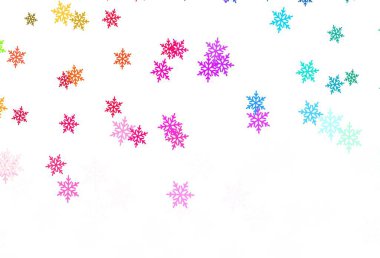 Parlak kar taneleri ve yıldızlarla ışık çok renkli vektör düzeni. Yılbaşı tarzında kar yağan rengarenk bir tasvir. Yeni yıl arkaplanı için şablon.