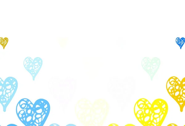 浅蓝色 黄色的矢量纹理与可爱的心脏 在模糊的背景下 用渐变的心形来说明 狂欢节的模式 节庆浪漫传单 — 图库矢量图片