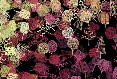 Koyu renkli vektör deseni ağaçlar ve dallarla karalıyor. Rengarenk ağaçların çizimi. İşiniz için yepyeni bir tasarım..