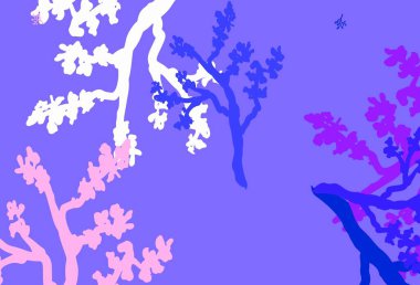 Açık Pembe, Kırmızı vektör karalama arkaplanı sakura ile. Yaprakları ve dalları olan parlak renkli çizimler. Web ve broşürler için elle boyanmış tasarım.