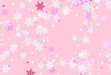 Yılbaşı kar taneleriyle açık pembe vektör deseni. Soyut şablonda kar olan parlak renkli bir illüstrasyon. Poster ve afiş için yeni yıl tasarımı.