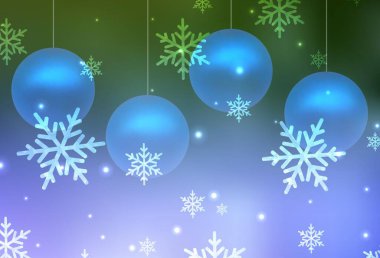 Açık Pembe, Xmas tarzında yeşil vektör arkaplan. Gradyan Noel topları, kar taneleri. Harfler ve tipografi için şablon.