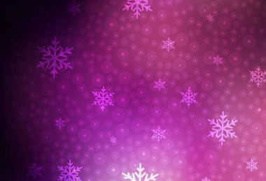 Koyu mor, Noel tarzında pembe vektör deseni. Renkli kar taneleri ve Noel baloları olan bir resim. Okul ve dil bilgisi siteleri için desen.