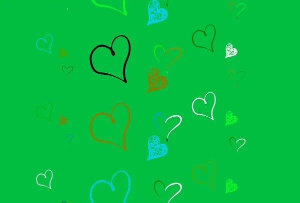 Ανοιχτό Μπλε Πράσινο Διάνυσμα Πρότυπο Doodle Καρδιές Λαμπερή Απεικόνιση Καρδιές — Διανυσματικό Αρχείο