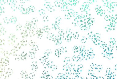 Matematik elementli açık yeşil vektör arkaplanı. Soyut şablonun üzerinde sayısal semboller olan illüstrasyon. Reklam, broşür, eğitim broşürleri.