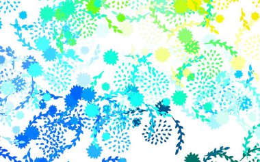 Açık mavi, çiçekli yeşil vektör çizimi, güller. Çiçekli yepyeni renkli bir illüstrasyon. Ağ ve ambalaj için elle boyanmış tasarım.