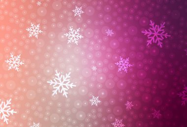 Açık pembe vektör deseni Noel tarzında. Renkli kar taneleri ve Noel baloları olan bir resim. Harfler ve tipografi için şablon.