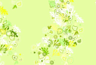 Açık yeşil, Memphis şekilli sarı vektör arkaplan. Renkli rastgele şekillerle modern soyut illüstrasyon. Web siteniz için basit tasarım.