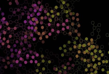 Koyu pembe, yapay zeka ağlı sarı vektör deseni. Yapay zekanın bağlantı ve noktalarıyla soyut illüstrasyon. Siber yeniliklerin tasviri için tasarım.