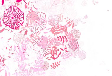 Açık kırmızı vektör desenli yapraklar, çiçekler. Origami tarzında yaprakların ve çiçeklerin karalama çizimi. Çocuk kitapları için renkli desen.