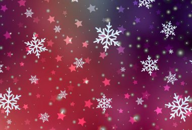 Açık pembe, parlak kar taneleri ve yıldızlı kırmızı vektör düzeni. Gradyan kar formlarıyla parlayan renkli çizimler. Yeni Yıl broşürleri için temel bölüm.