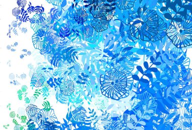 Açık mavi, yeşil vektör soyut desenli yapraklar, çiçekler. Beyaz arkaplandaki yapraklar ve çiçekler. Marka kitabınız için yeni şablon.