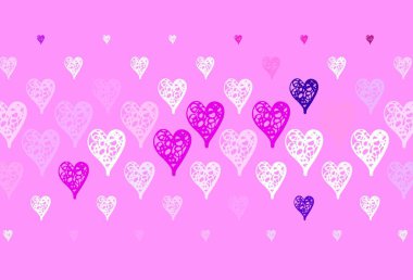 Kalpli açık pembe vektör arka planı. Soyut şablondaki kalplerle parlayan illüstrasyon. Evlilik hediyeleri için örnek, tebrikler..