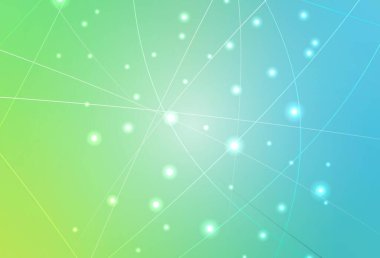 Açık mavi, çizgileri ve daireleri olan yeşil vektör arkaplanı. Çemberler ve üçgenlerle soyut gradyan çizimi. Web siteniz için basit tasarım.