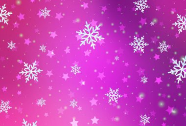 Xmas kar taneleri ve yıldızlı açık pembe vektör arka planı. Karlı Xmas tarzında renkli dekoratif tasarım. Yeni yıl arkaplanı için şablon.