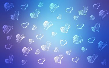 Açık pembe, mavi vektör desenli renkli kalpler. Kalpli, karalama tarzında bulanık dekoratif tasarım. Sevgililer Günü ilanı ve kitapçıklar için desen kullanılabilir..