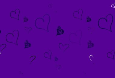 Parlayan kalpleri olan açık mor vektör arkaplan. Soyut illüstrasyonda güzel kutlama tarzı kalpler. Yıldönümü için bir iş ilanı tasarlamak.