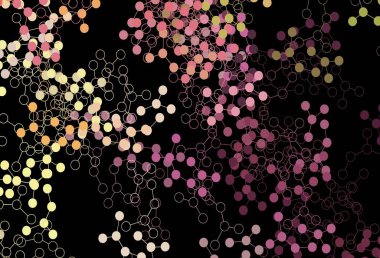 Koyu pembe, sarı vektör arkaplan ve yapay zeka verileri. Soyut şablondaki yapay zeka şekilleriyle parlayan illüstrasyon. Poster ve teknoloji sembolü.