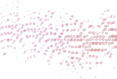 Parlayan kalpleri olan açık kırmızı vektör arka planı. Romantik bir şekilde renkli kalplerle soyut bir tasvir. Sevgililer Günü ilanı, afişi, afişi için tasarım.