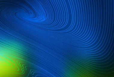 Koyu mavi, kıvrımlı çizgileri olan yeşil vektör arkaplan. Eğimli çizgileri olan zarif parlak bir illüstrasyon. Tasarımınız için basit şablon.