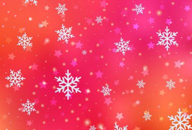 Açık pembe, sarı vektör desenli Noel kar taneleri, yıldızlar. Gradyan kar formlarıyla parlayan renkli çizimler. Yeni yıl reklamı için tasarım, kitapçıklar.