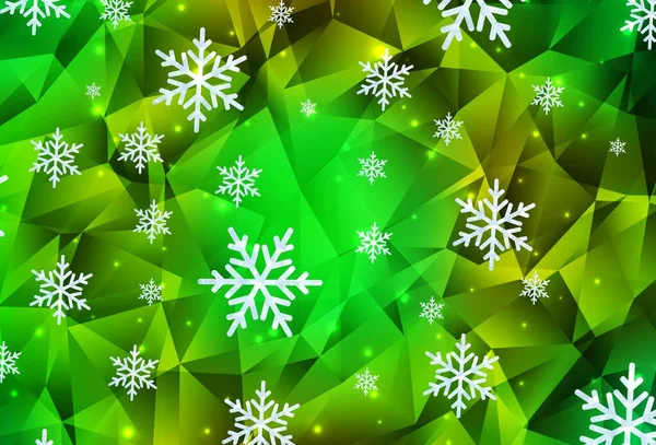 Verde Claro Patrón Vector Amarillo Con Copos Nieve Navidad Estrellas — Archivo Imágenes Vectoriales