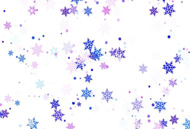 Açık pembe, renkli kar taneli mavi vektör dokusu. Kar taneleriyle modern geometrik soyut çizim. Yeni yıl web siteleri için şablon.