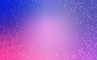 Açık Mor, kozmik yıldızlı pembe vektör düzeni. Parlak astronomik yıldızlı parlak renkli çizimler. Fütürist reklamlar ve kitapçıklar için şablon.