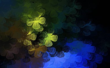 Koyu mavi, sarı vektör, ağaçlı, dallı zarif duvar kağıdı. Origami tarzında çiçeklerin karalama çizimi. Ağ ve ambalaj için elle boyanmış tasarım.