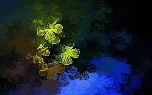 Koyu mavi, sarı vektör, ağaçlı, dallı zarif duvar kağıdı. Origami tarzında çiçeklerin karalama çizimi. Ağ ve ambalaj için elle boyanmış tasarım.