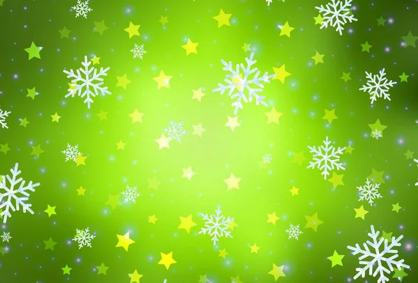 Verde Claro Patrón Vector Amarillo Con Copos Nieve Navidad Estrellas — Vector de stock